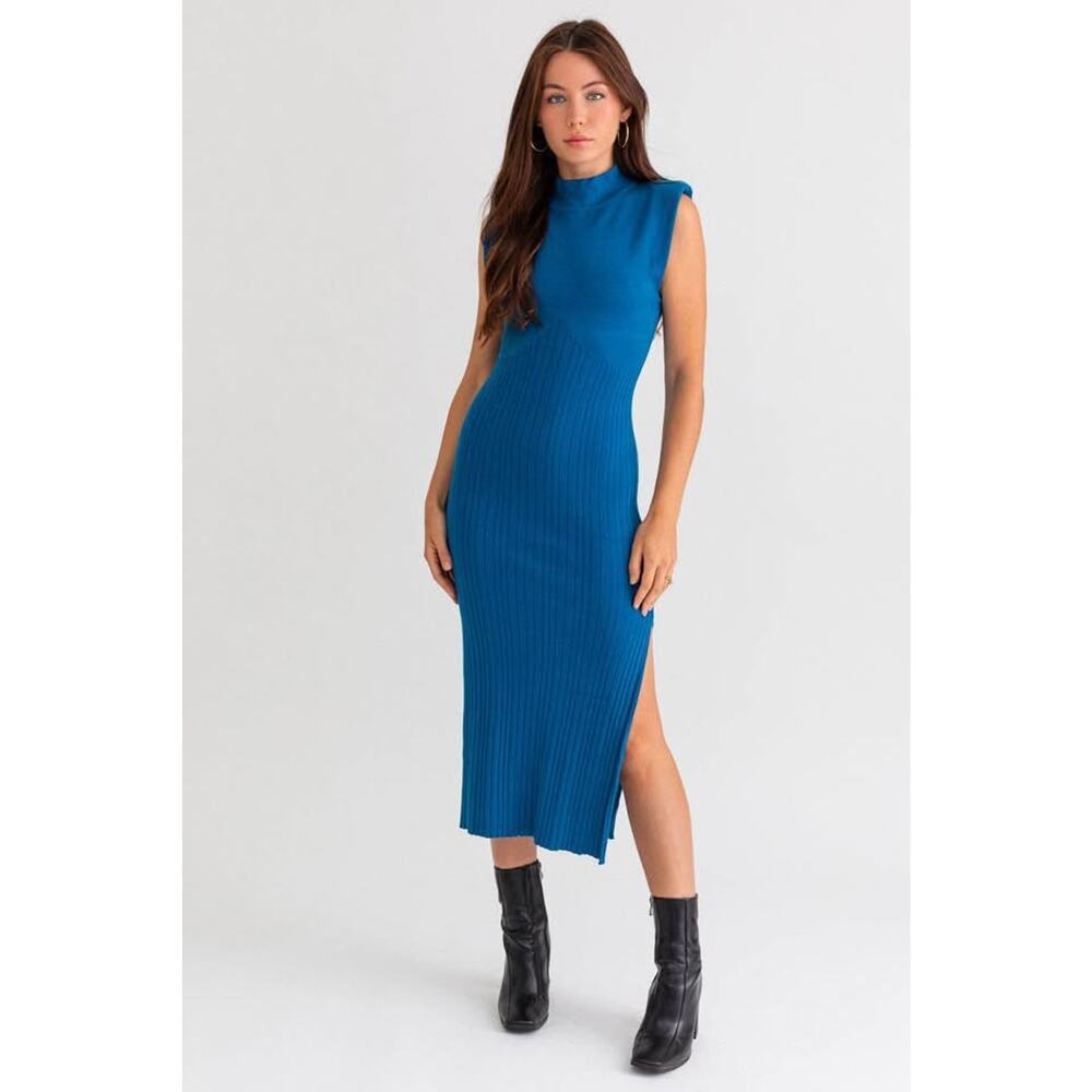 Pants Store Women’s Medium Cobalt Blue Ribbed Knit Slit Tank Midi Dress